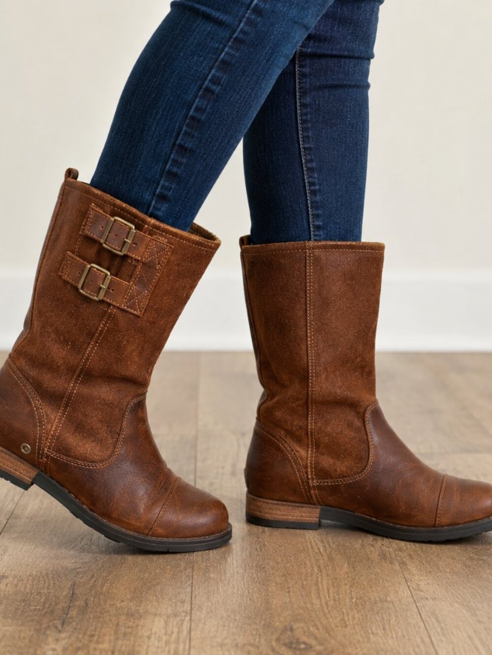 Sorel Major Pull On Mid-Calf Boots Womens 6.5 Brown Leather Moto Buckle Riding